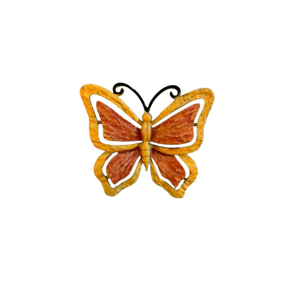 Vtg Signed JJ Neon Orange Yellow Wings Butterfly Beautiful Enamel Pin Brooch